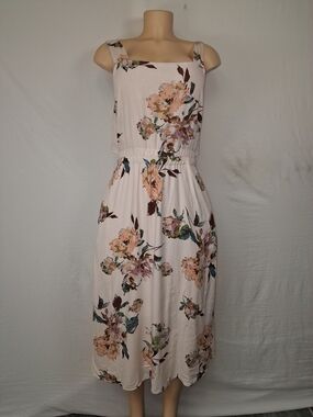 American Rose Floral Blush Midi Dress with Square Neck